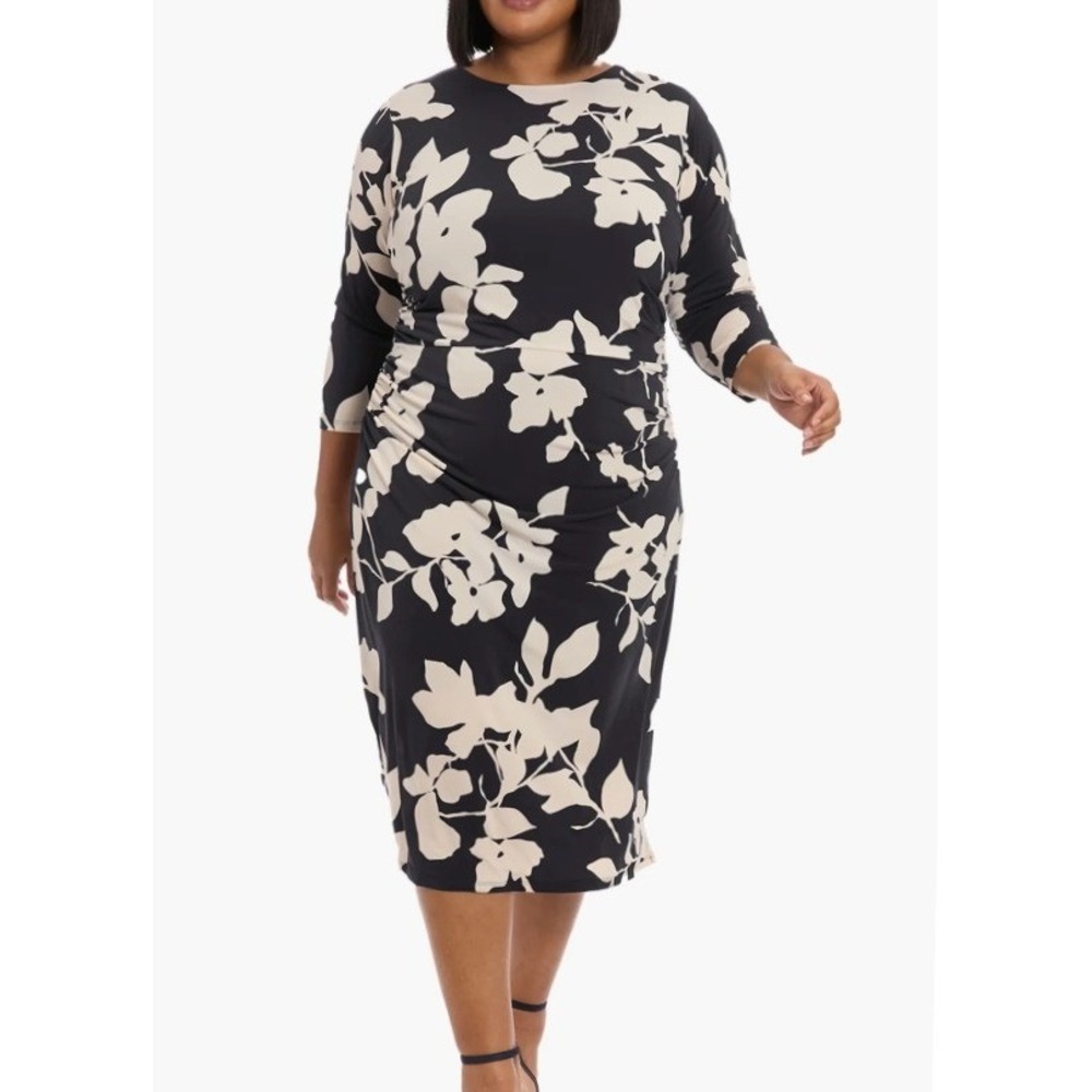 London Times Dress Women's 14 Black Ivory Floral Ruched Waist Midi Sheath